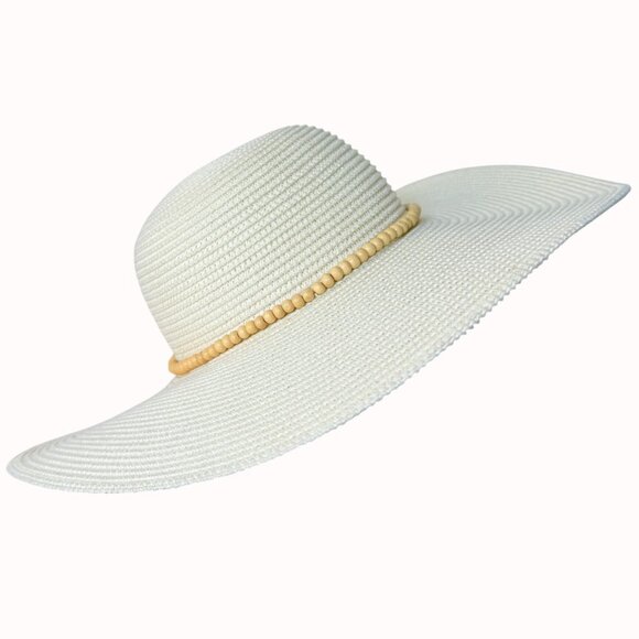 New Day Wide Brim Straw Sun Hat Wooden Bead Band Size M Resort Chic Beach Cruise - Picture 5 of 16